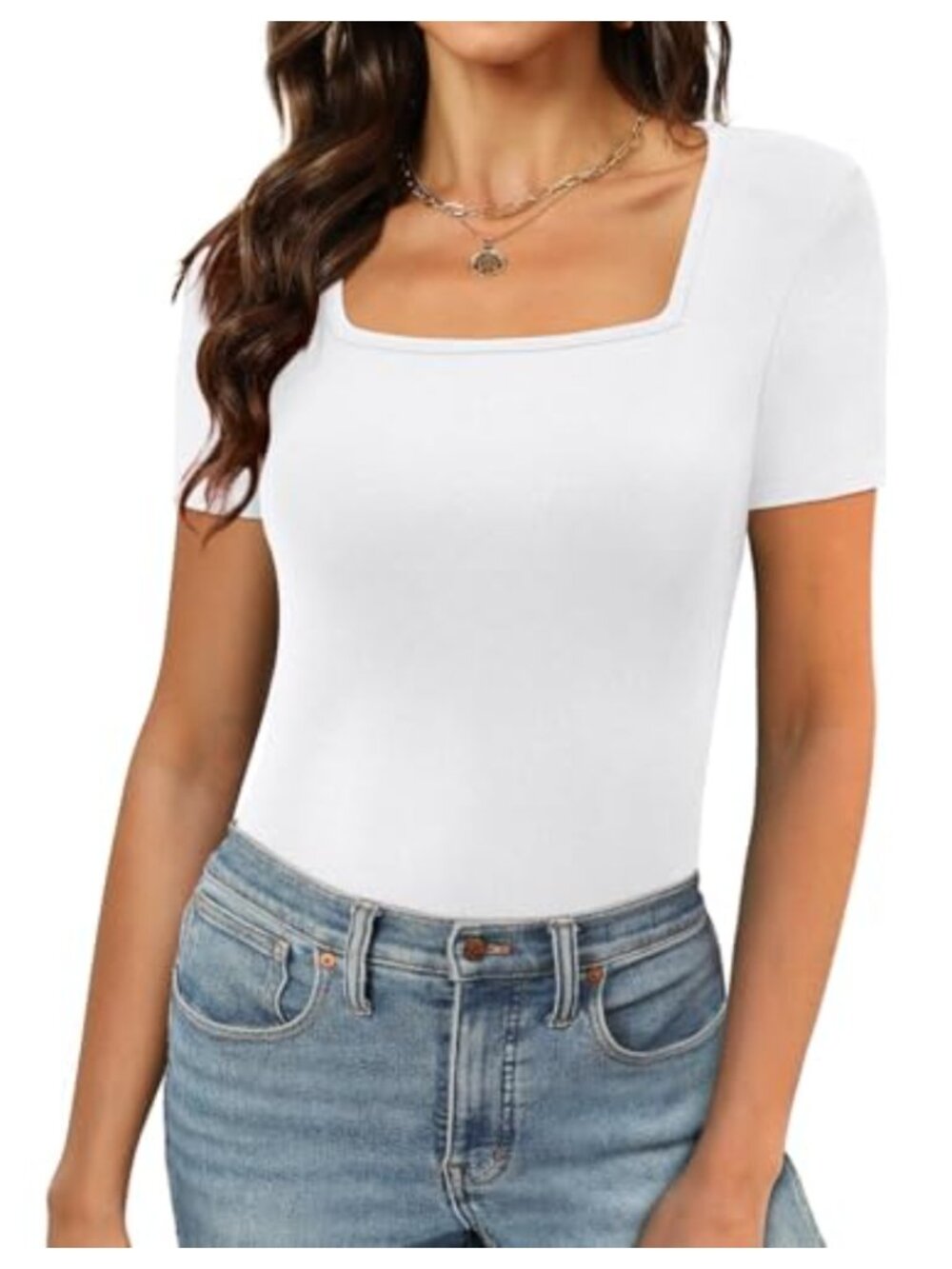Square Neck Short Sleeve Bodysuit Women Stretchy Rayon Blend
